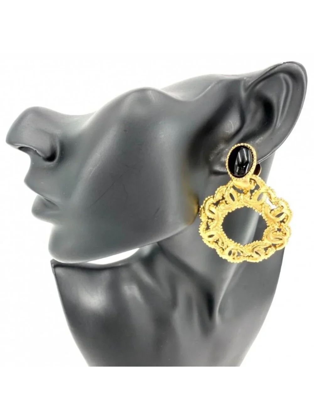 Chanel Earrings CC Logo Vintage Color Stone Gold Black